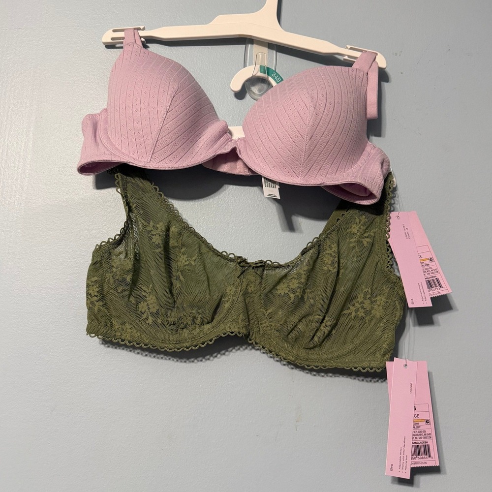 Wild Fable 2 Pack Bra 34B Olive Green Lace Unlined & Purple Pointelle Lined 2556